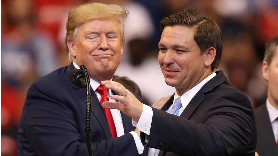 US President Donald Trump introduces Florida Governor Ron DeSantis during a homecoming campaign rally at the BB&T Center on November 26, 2019 in Sunrise, Florida.